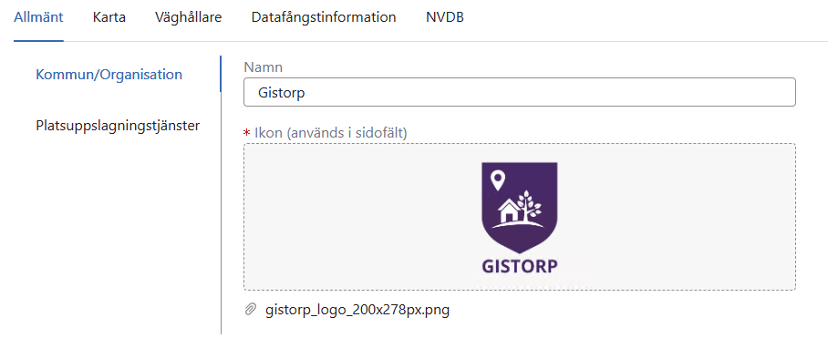 Inställningar > Allmänt > Kommun/Organisation Inställningar > Allmänt > Kommun/Organisation