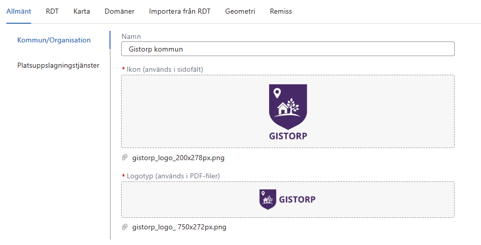 Inställningar > Allmänt > Kommun/Organisation Inställningar > Allmänt > Kommun/Organisation