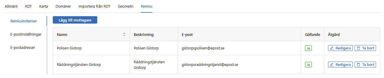 Inställningar > Remissinstanser Inställningar >  Remissinstanser