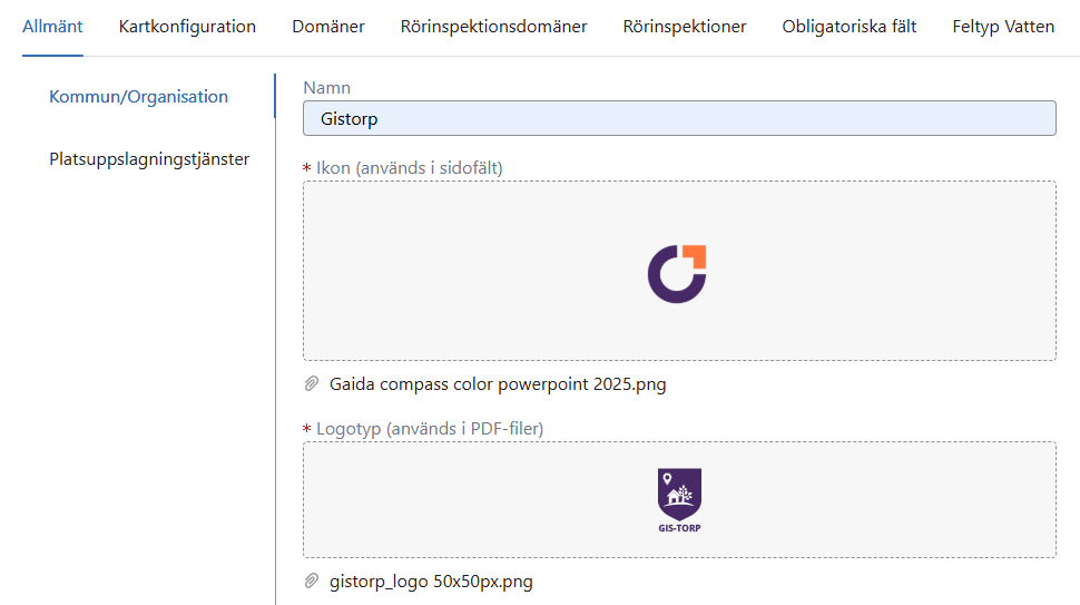 kommun_organisation Inställningar > Allmänt > Kommun/Organisation