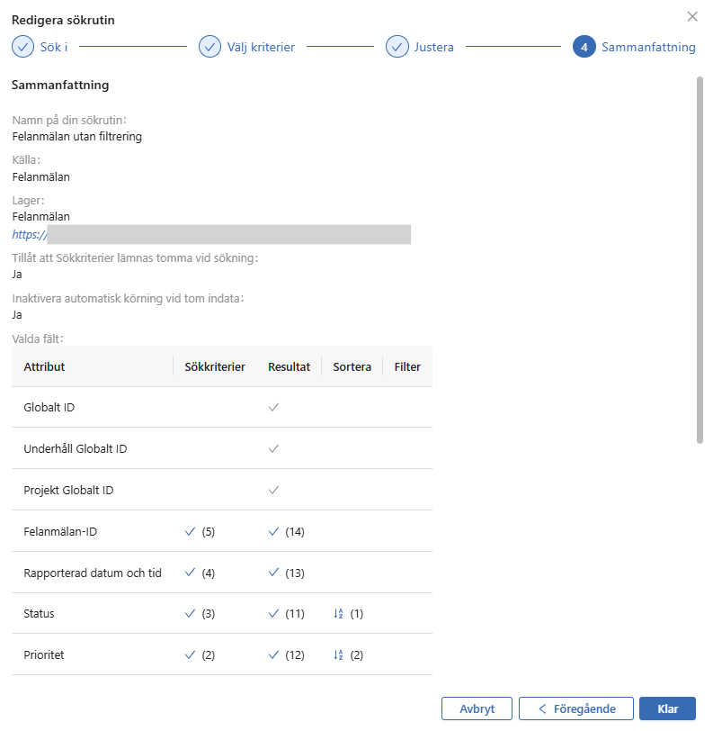 Inställningar > Sökrutiner > Sammanfattning