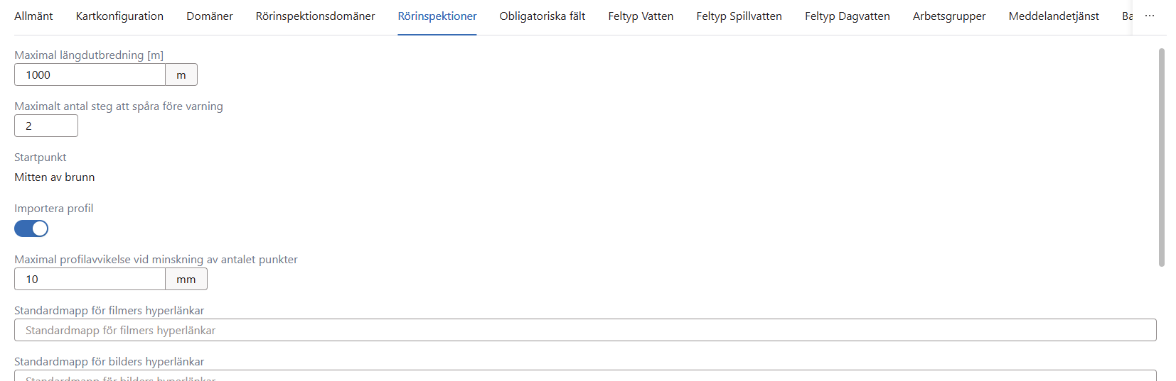 rörinspektioner Inställningar > Rörinspektioner