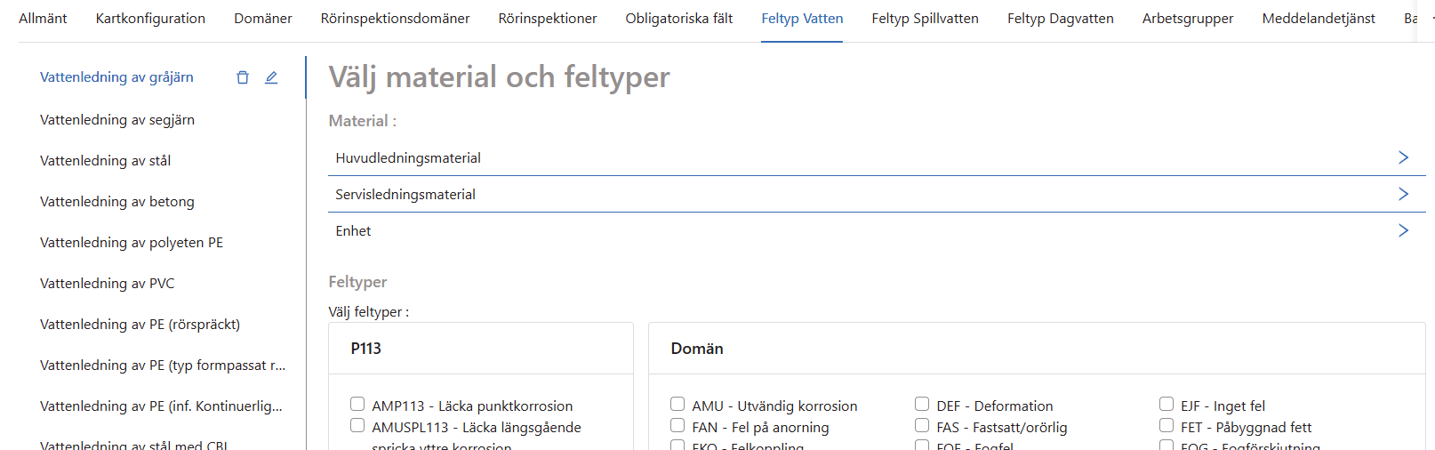 feltyp_vatten Inställningar > Feltyp Vatten