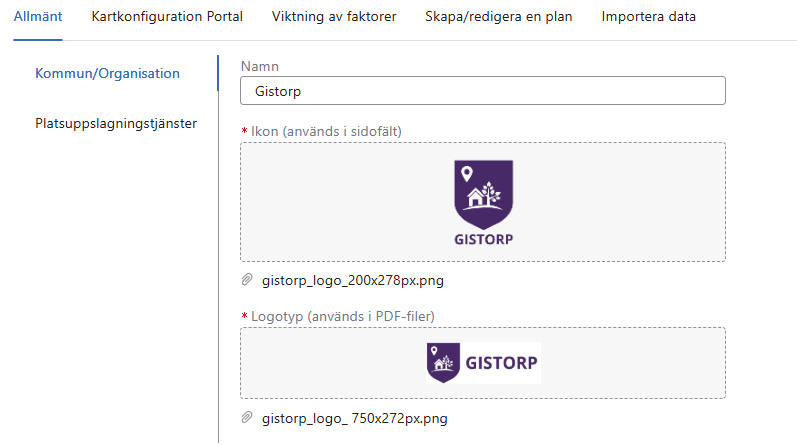 Inställningar > Allmänt > Kommun/Organisation Inställningar > Allmänt > Kommun/Organisation