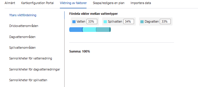 Inställningar > Viktning av faktorer > Ytans viktfördelning Inställningar > Viktning av faktorer > Ytans viktfördelning