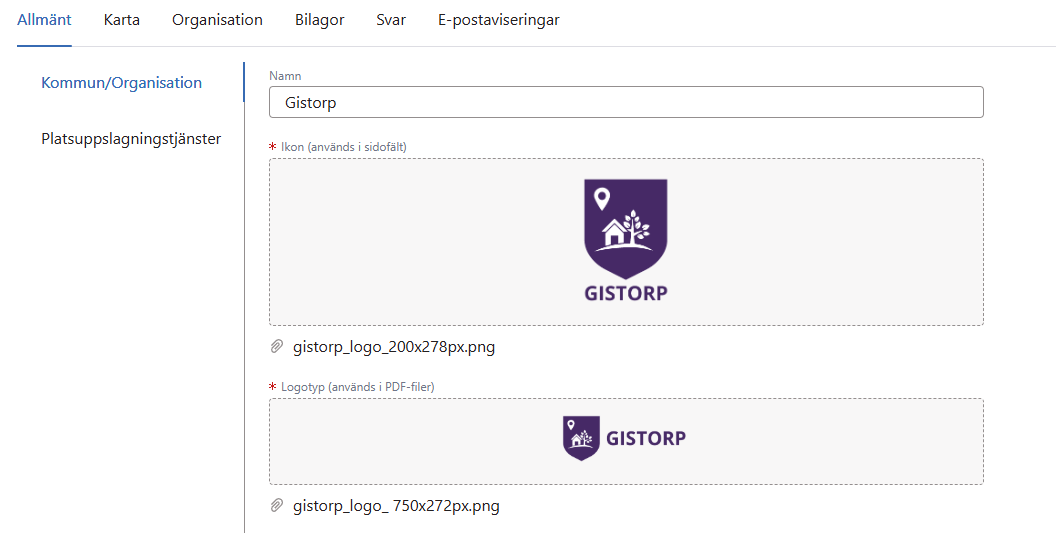 Inställningar > Allmänt > Kommun/Organisation Inställningar > Allmänt > Kommun/Organisation