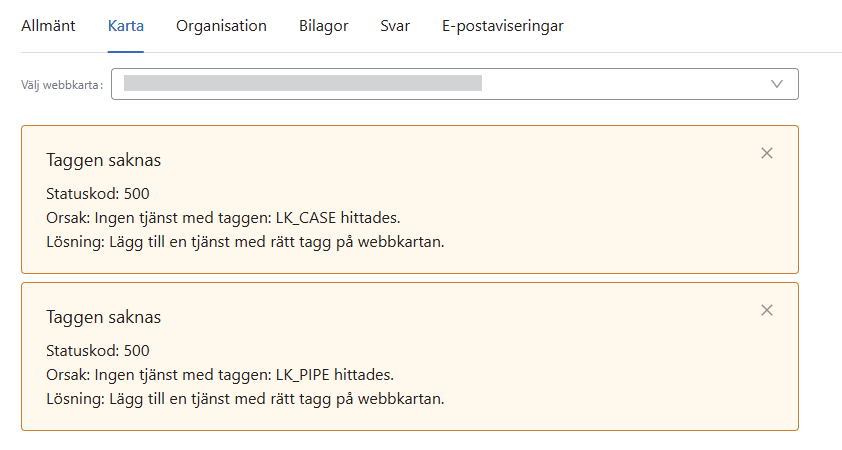 Inställningar > Kartkonfiguration Portal-taggar saknas