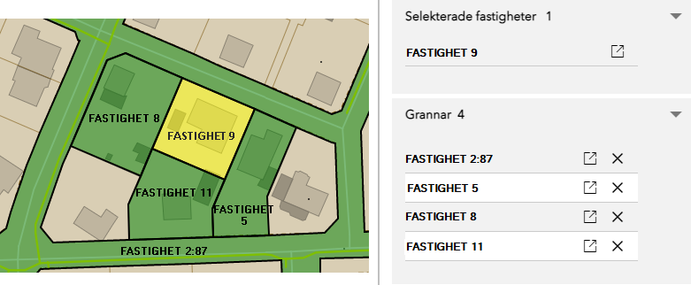 Det enkla testfallet, en fastighet selekteras, 4 grannfastigheter hittas