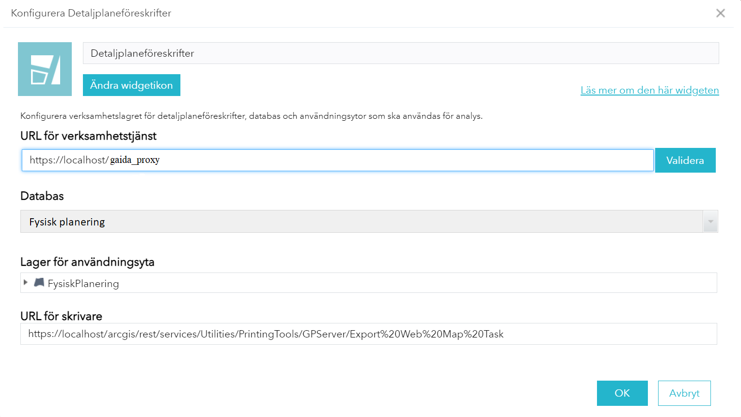 Konfigurera widget för Analysera planbestämmelser