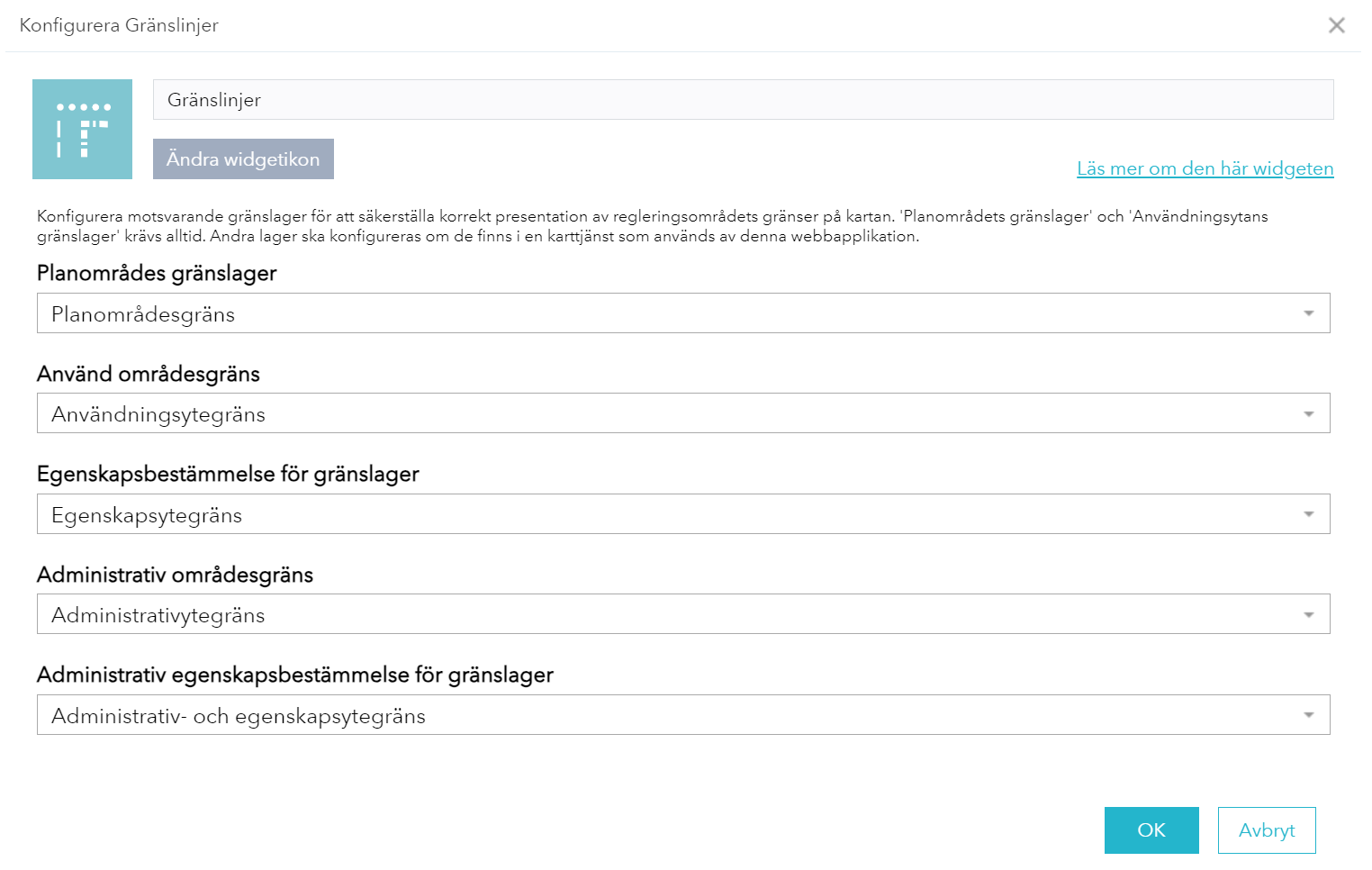 Konfigurera widget för Detaljplanegränser