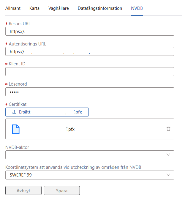 Inställningar > NVDB